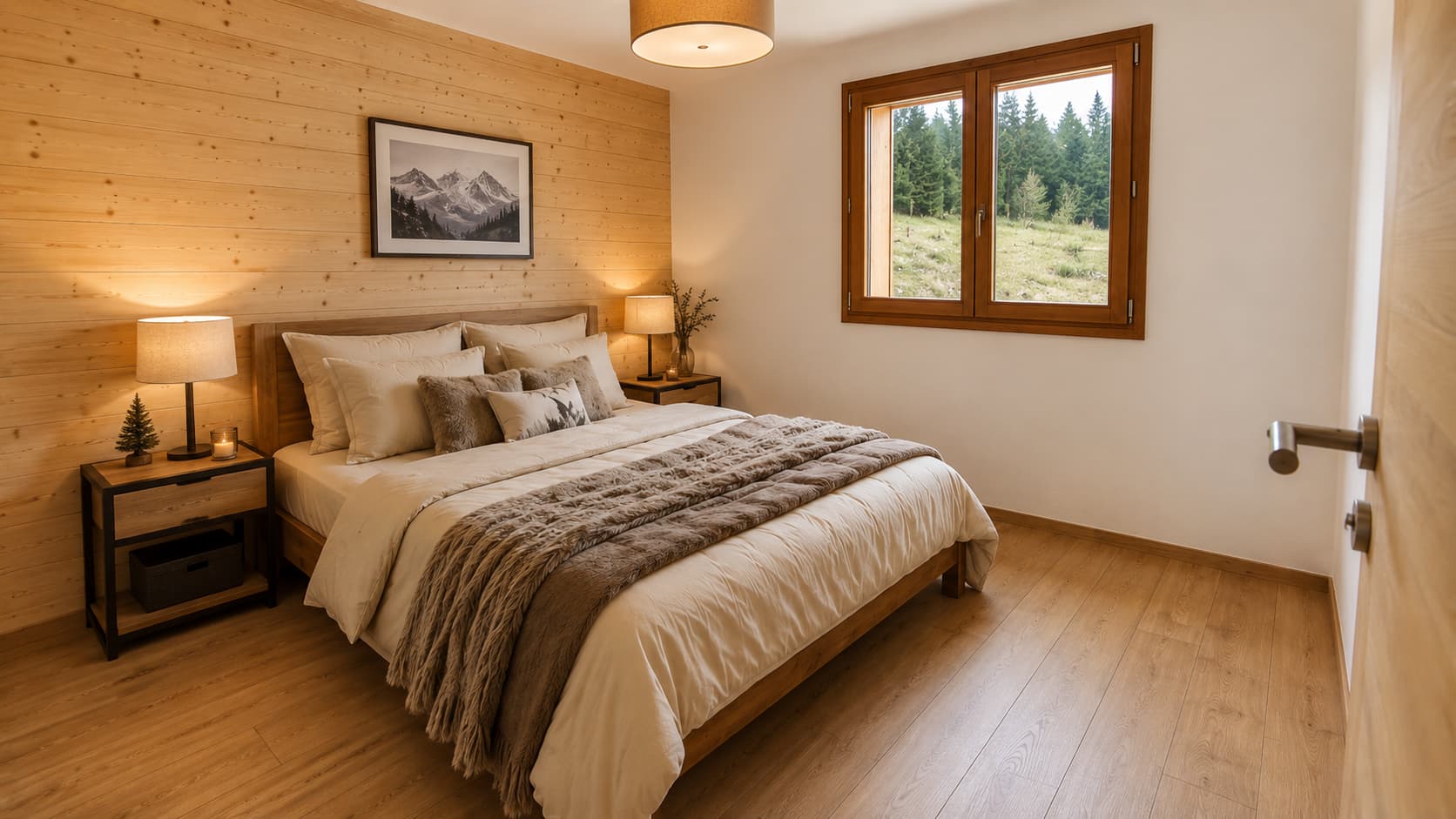 Warm timber bedroom interior at Le Domaine de l'Ardoise, Morzine