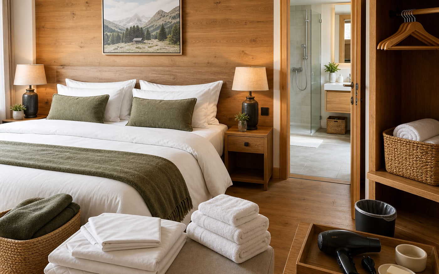Guest-ready bedroom and bathroom essentials in an Alpine rental