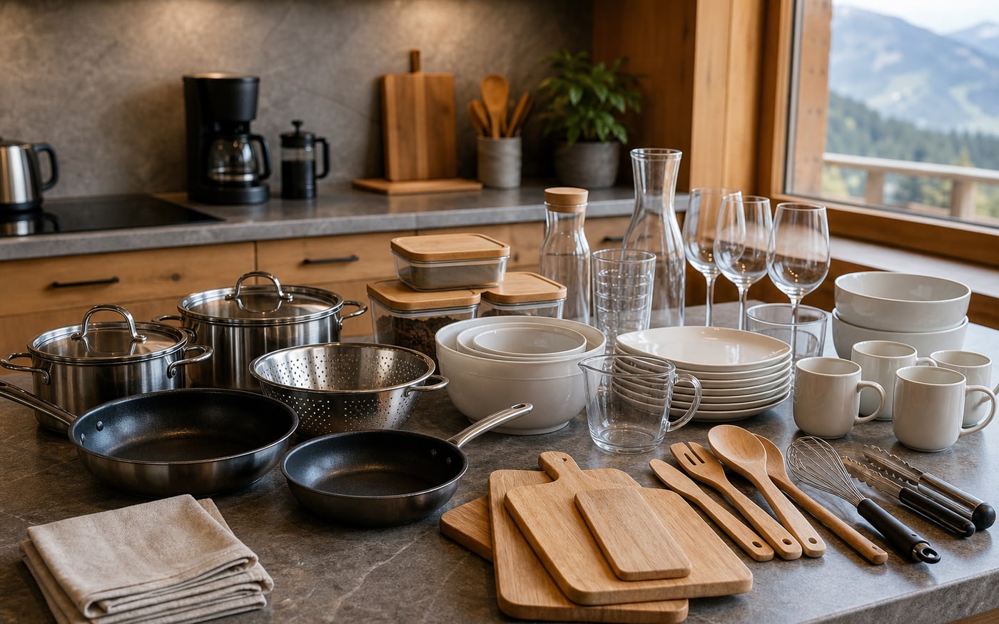 Organised kitchen equipment for a vacation rental checklist