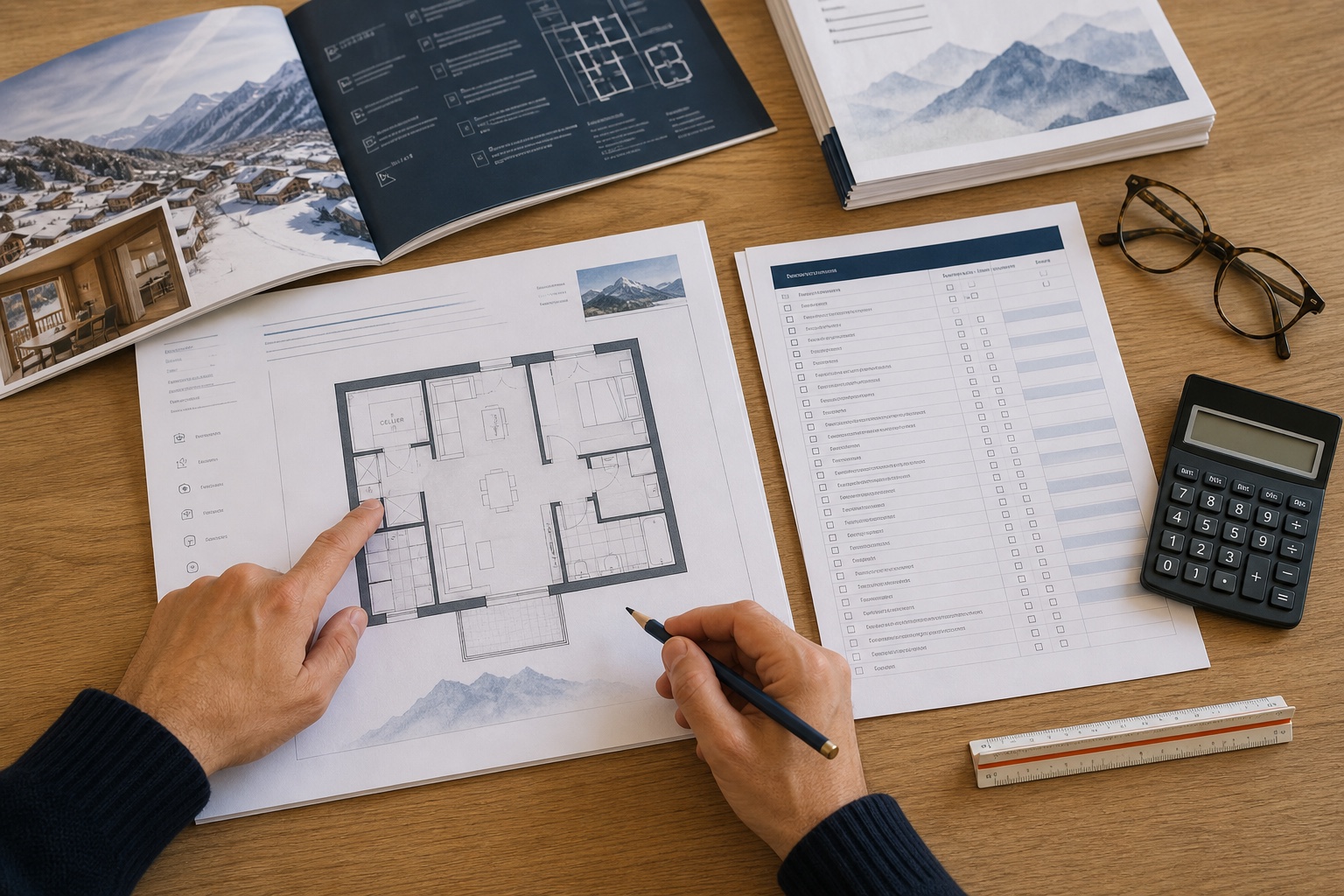 Buyer reviewing an anonymised apartment plan and due-diligence checklist